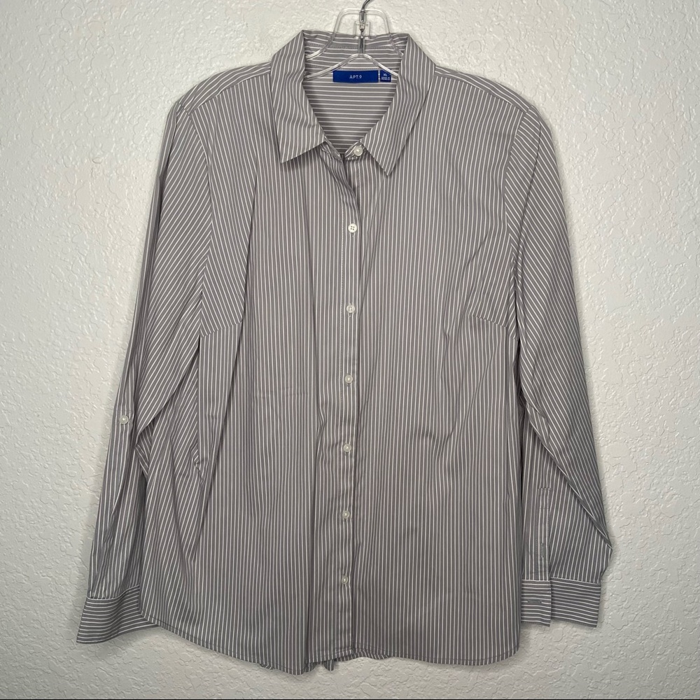 Apt 9 Stripe Long Sleeve Button Up Blouse Roll Tab Sleeve Size XL Gray Work Wear